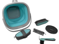 SHILOH STABLES TACK Bathing Tools|Brushes & Hoof Picks|5-Piece Grooming Kit with Collapsible Bucket